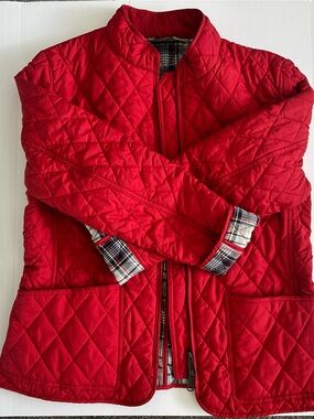 L.L. Bean Red Quilted Utility Jacket with Plaid Trim